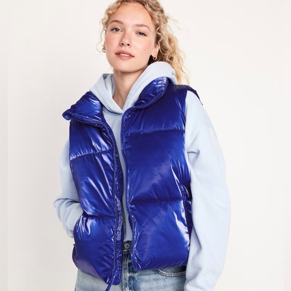 NWOT Old Navy Womens XS Blue Shiny Puffer Vest Water Resistant Quilted Zip Up - Picture 1 of 10